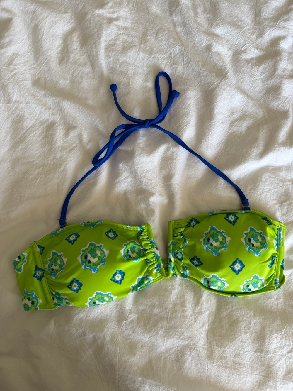 Gilly Hicks Hollister Bright Lime Green Bandeauy Bikini Top Blue Halter Strap